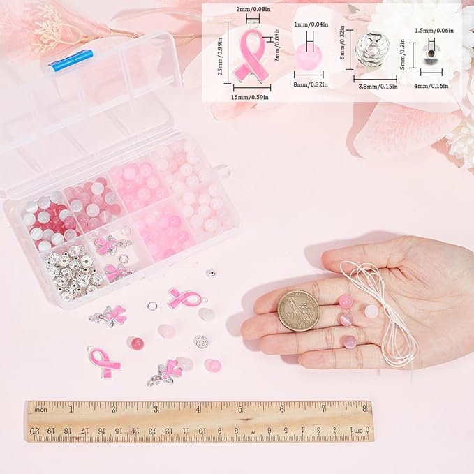 SUNNYCLUE 1 Box DIY 6 Sets Breast Cancer Awareness Bracelets Pack Pink Ribbon Charms Beading Bracelet Making Kit Hope Health Aware Charm Imitation Jade Round Beads for Jewelry Making Kits Women Craft