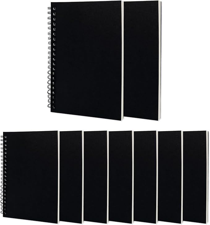 DSTELIN Blank Spiral Notebook, 9-Pack, Soft Cover, Sketch Book, 100 Pages / 50 Sheets, 7.5 inch x 5.1 inch, 100GSM, (Black)