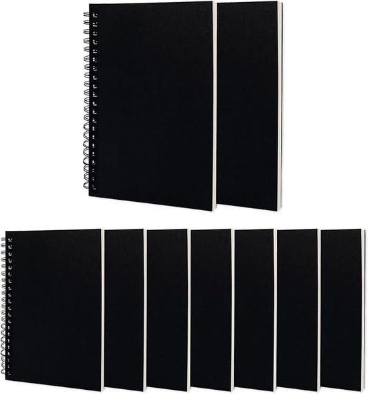 DSTELIN Blank Spiral Notebook, 9-Pack, Soft Cover, Sketch Book, 100 Pages / 50 Sheets, 7.5 inch x 5.1 inch, 100GSM, (Black)