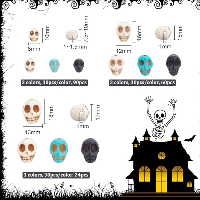 arricraft 144 Pcs 4 Sizes Skull Beads, Synthetic Turquoise Skull Head Beads Loose Spacer Beads Charm for Bracelet Necklace Jewelry DIY Craft Making Halloween Decoration