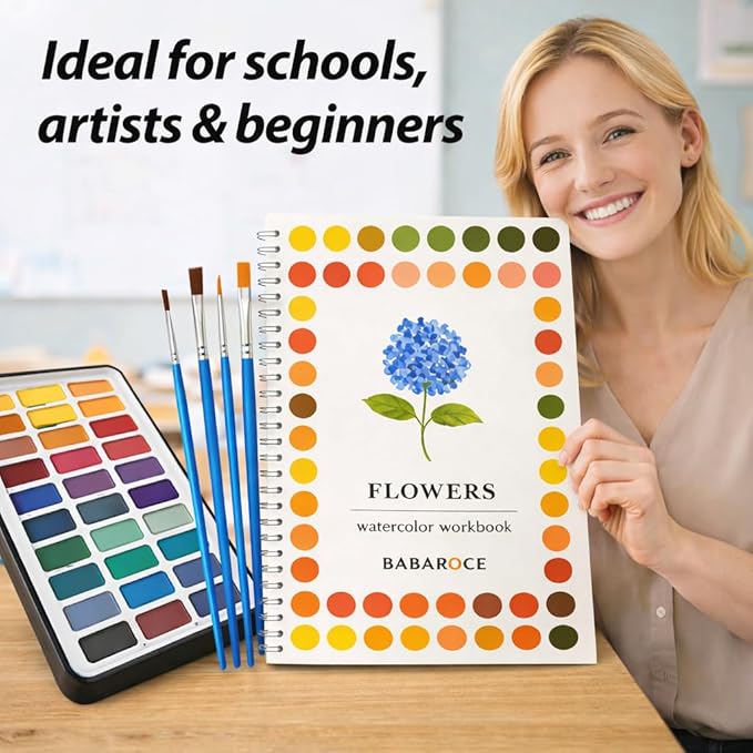 Watercolor Workbook Set with Solid Paint Palette – Guided Painting Pages + 36 Solid Colors – Beginner Friendly Art Practice Book for Home & Classroom Use (Animals)