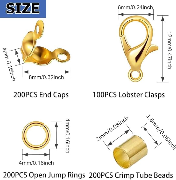 700pcs Jewelry Making Accessories Set with 100 Lobster Claw Clasp 200 Bead Tips Knot Covers 200 Crimp Tube Beads and 200 Open Jump Ring Connectors for DIY Jewelry Bracelets Necklaces（Gold）