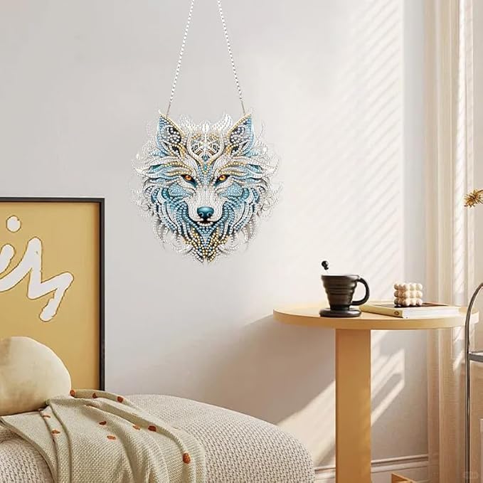 RYMILIE Diamond Art Hanging Kits for Adults,Wolf Special Shaped Diamond Painting,Double Sided 5D DIY Acrylic Diamond Art Painting Window Pendants Home Garden Wall Hanging Kits Wolf Ornament.