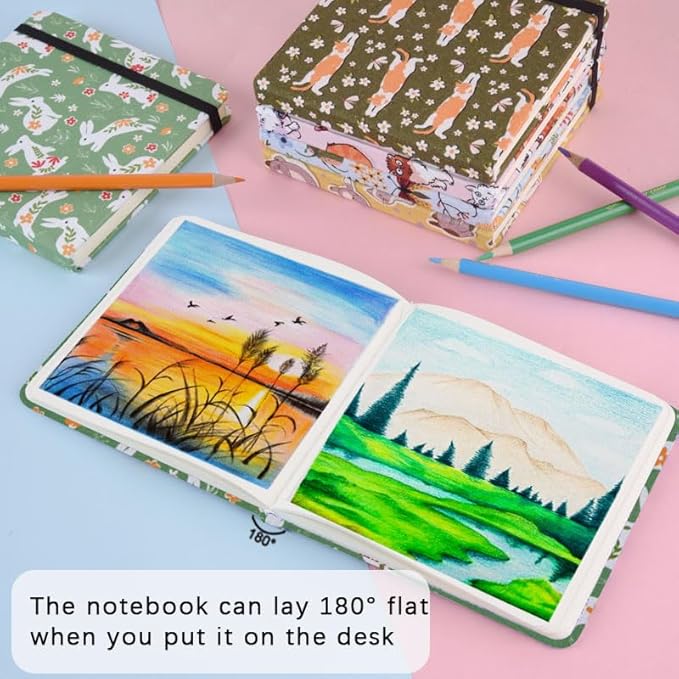 4.8" x 4.8" Hardcover Sketchbook,Small Mixed Media Sketch Pad,96 Sheets 80gsm Acid-Free Artist Travel Journal Pocket Blank Notepad for Adults Drawing Painting,Art Supplies.Green Rabbit