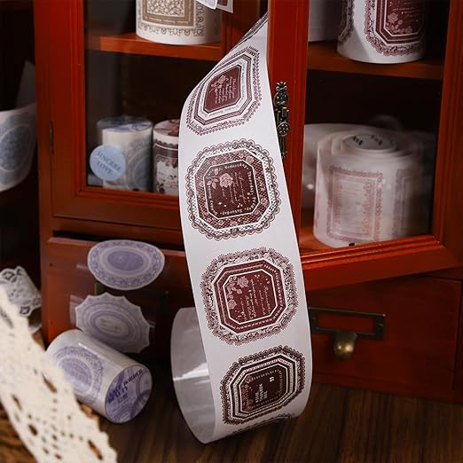 Vintage Pre-Cut Lace Border Circle Stickers Tape for Journaling, 6 Rolls White Kraft Paper Decorative Tapes Set, Frame Labels for Scrapbooking, Junk Journal Supplies, Collage, Card Making