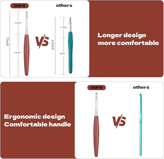 WAZAIGUR 9 Sizes Brown Wooden Smooth Grip Crochet Needles Beginner Kit Ergonomic Crochet Hooks Set with Case for Arthritic Hands (3.5mm-8mm)