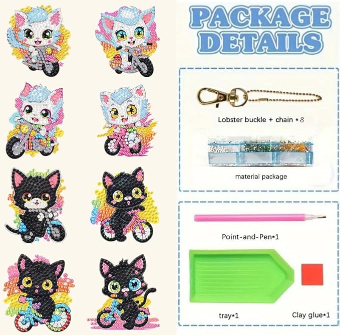 Masendp 8 Pieces Diamond Painting Keychain Animal Cat Style Diamond Art Jewelry Double-Sided 5D Diamond Painting Kit for Beginners Adult DIY Art Craft Gifts Home Decor for cat Lovers Best Gifts
