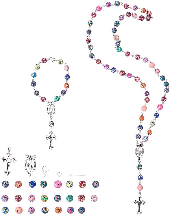 SUNNYCLUE 1 Box DIY 1 Set 8mm Polymer Clay Bead Rosary Necklace Bracelet Making Kit Alloy Jewelry Making Kit for Adults Beginners