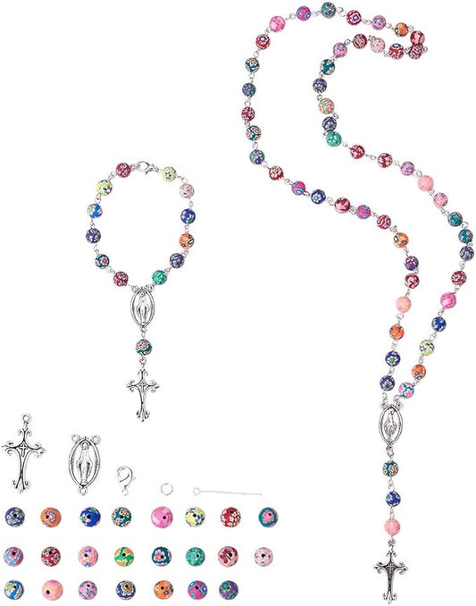 SUNNYCLUE 1 Box DIY 1 Set 8mm Polymer Clay Bead Rosary Necklace Bracelet Making Kit Alloy Jewelry Making Kit for Adults Beginners