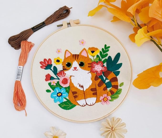 Nuberlic Cat Embroidery Kit for Adults Beginners - 3 Pre-Printed Animal Patterns, Adults Starter Cross Stitch Kit DIY Needlepoint