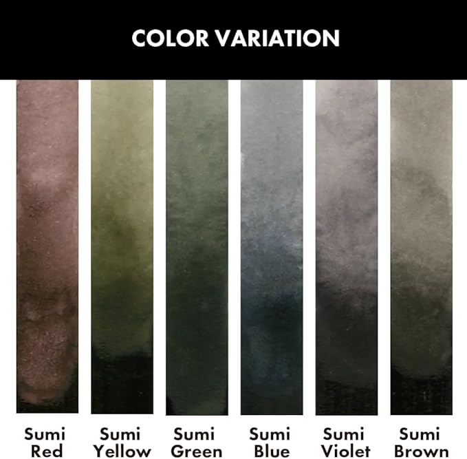 Kuretake GANSAI TAMBI SUMI Colors 6 Colors Set, Watercolor Paint for Professional, for Calligraphy, Illustrations, Drawing, Black Ink, Made in Japan