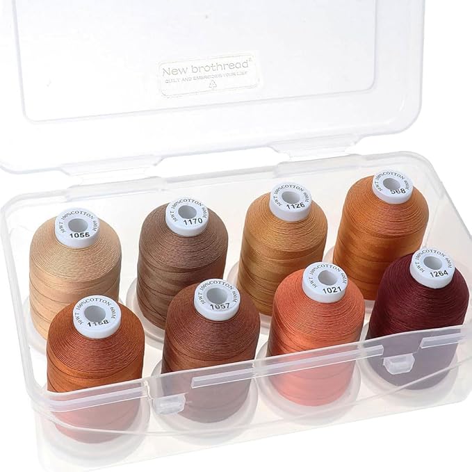 New brothread - 18 Options - Multi-Purpose 100% Mercerized Cotton Thread 50S/3 600M Each Spool for Quilting, Serger, Sewing and Embroidery - 8xCoffee(Different Brown) with Clear Plastic Storage Box