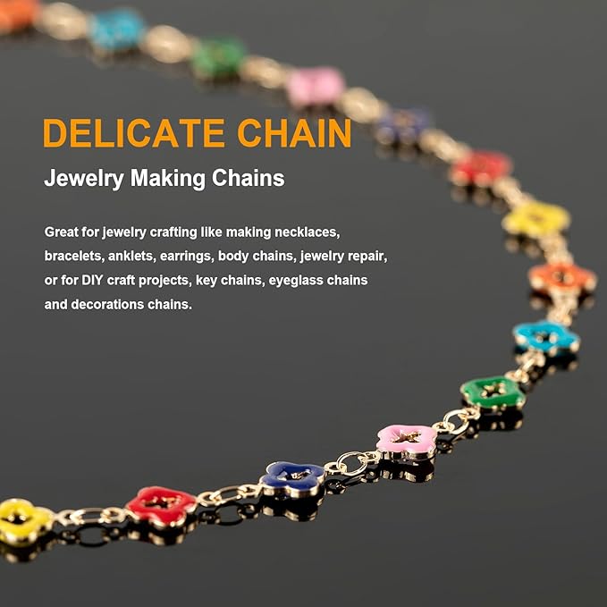KYUNHOO 3M Four Leaf Clover Jewelry Making Chains Gold Plated Brass Chain Roll Multicolored Oil Drip Flower Necklace Chain Bulk Jewelry Findings