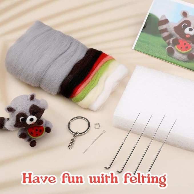 JUPEAN Needle Felting Kit Needle Felting Supplies Raccoon Animal with Wool Roving, Felting Needles, Foam Mat for DIY Feltings Wool Projects