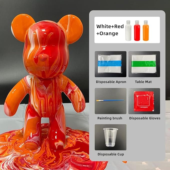HANDA DIY Painting Fluid Bear Teddy Bear Painting Kit Set Creative Home Decorations Handmade Doll Figurine Toys Gift for Birthday Valentines (9.05 inch, Red+Orange+White)