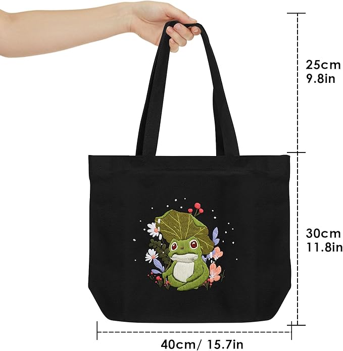ERKOON Embroidery Canvas Tote Bag for Beginners, Floral Arts Crafts Cross Stitch Kits for Adults Including Stamped Embroidery Bag with Hoops, Needle, Instruction and Color Threads (Frog)