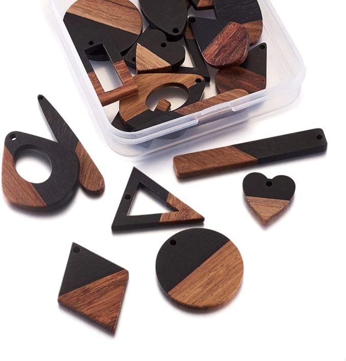 Beadthoven 20pcs/10 Pairs Black Natural Wood Resin Charms DIY Earrings Pendants Mixed Shapes Wooden Pieces Pendants for Statement Jewelry Making Findings