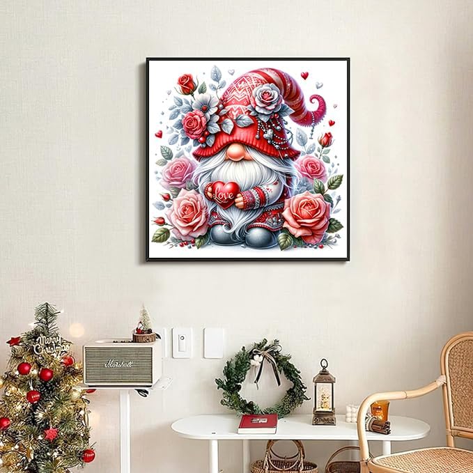 Gnome Valentine Diamond Art Kits for Adults-Round Full Drill 5D Gnome Love Diamond Painting Kits for Adults Beginners Paint by Diamonds Pictures Gem Art Painting Kits DIY Crafts Kits 12x12inch