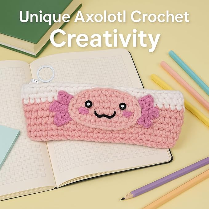 Axolotl Crochet Kit for Beginners, Learn to Crochet Pencil Bag Starter Set with Video Tutorial & Crocheting Manual, Easy Yarn Knitting Kit for Adult, DIY Amigurumi Birthday Xmas Gift Idea