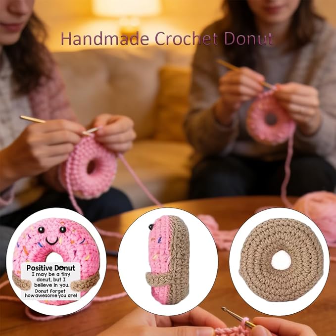 Handmade Crochet Positive Donut Plush Doll - Cute Knitted Sweet Treat Stuffed Toy with Inspirational Quote Card, Unique Encouragement Gift for Friends, Family, Self-Care