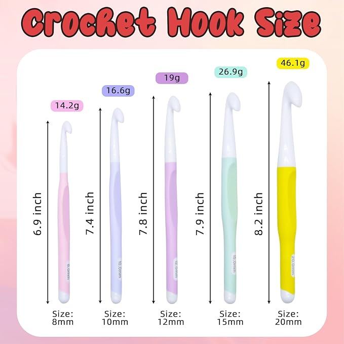 Araeknotta Large Crochet Hooks Set with Stitch Markers, Yarn Needles, Purple Pouch - 5 Sizes (8mm, 10mm, 12mm, 15mm, 20mm) - Ergonomic Plastic Crochet Hooks for Chunky Blanket Yarn