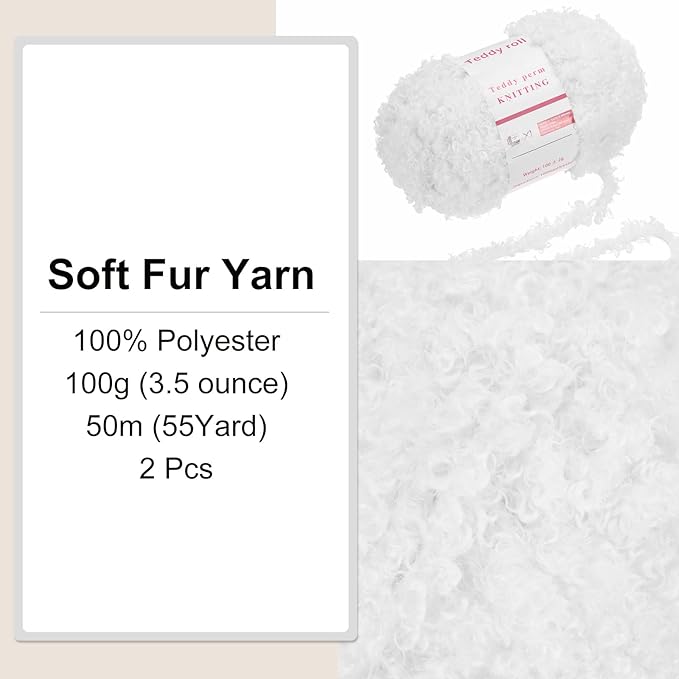 MECCANIXITY 2 Skeins Fur Yarn Soft Fluffy Chunky Yarn Fuzzy Eyelash Yarn White for Crocheting Knit Clothes Bag - 55Yard/50m, 3.6ozx2