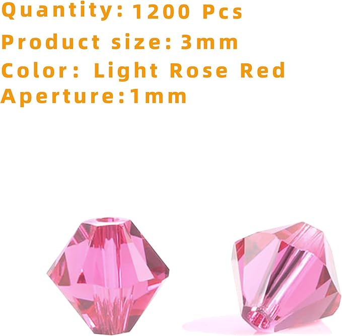 laopottbeads 1200pcs 3mm bicone crystal glass beads for jewelry making, sparkling mini beads for suncatchers, diy bracelets & craft projects (light rose red)