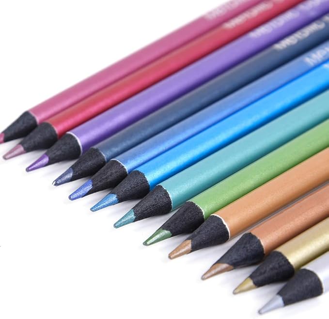 qianshan Metallic Colored Pencils 12 Colors - Non-toxic Black Wood Colored Pencils Pre-sharpened Wooden Sketching Pencils Set for Adults Coloring Book, Art Drawing, Black Paper, No Duplicates