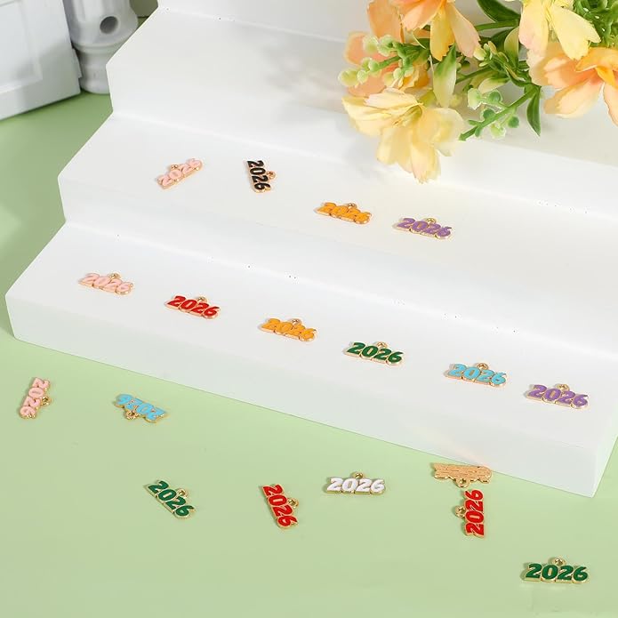 2026 Charms, 8 Colors Zinc Alloy 2026 Year Charms for Crafts New Year Graduation Tassel for Craft DIY Jewelry Making Party Decoration