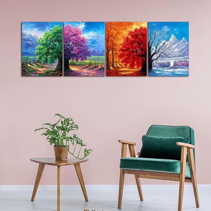 Muzagroo Art 4 Pack 5D Diamond Painting Kits for Adults DIY Diamond Art Kits 4 Seasons Trees Wall Art for Living Room Adults Crafts Diamond Dot Gem Art Kits for Beginners