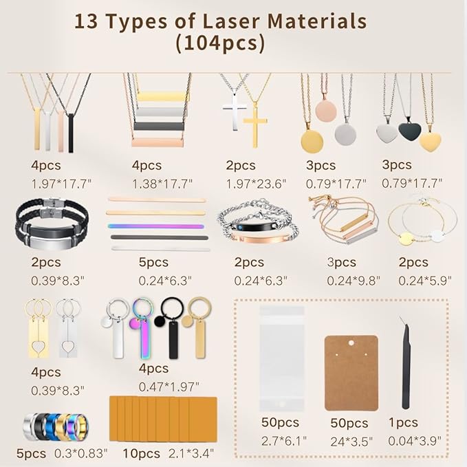 Mroy mio 104 PCS DIY Laser Engraving Kit, 13 Types Stainless Steel Blank Jewelry Making Set for Personalized Gifts, Heart Necklace, Ring, Bracelet for Couples, Friends, Beginners