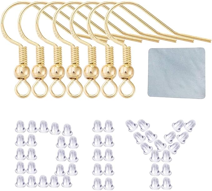 earring hooks for jewelry making - 120 pcs/60 pairs hypoallergenic 14k gold ear wires fish hooks for jewelry making, jewelry findings parts with 120 pcs rubber earring backs stopper for diy earrings