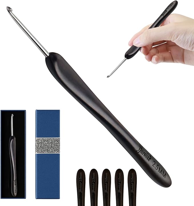 Yarniss 2.5mm Ergonomic Crochet Hook with Ebony Handle, Hand-Polished Stainless Steel Head for Crocheting
