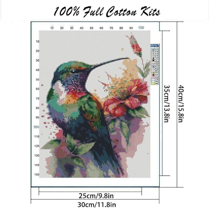 Hummingbird Stamped Cross Stitch Kits，Needlepoint Cross-Stitch Patterns Dimensions Needlecrafts Embroidery Kits，DIY Art Bird Home Wall Decor Perfect for Relaxation 15.7x11.8 Inches