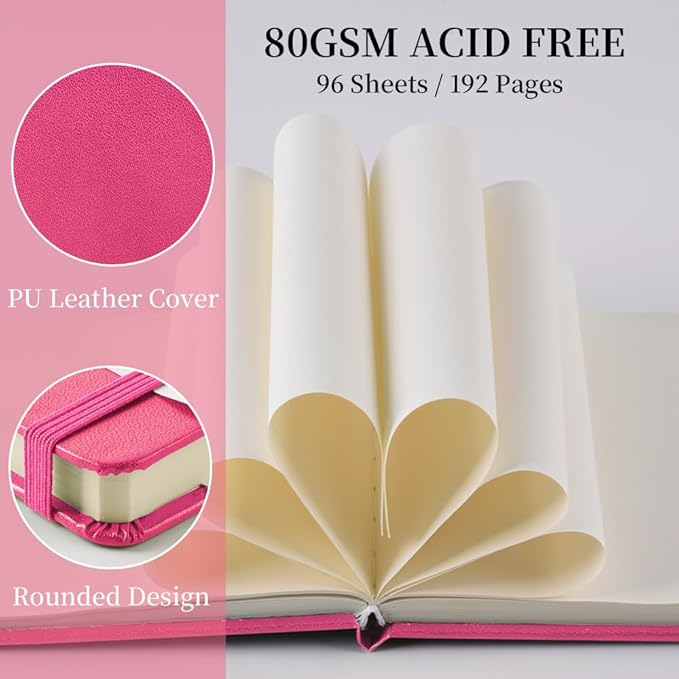 Square 5x5 inches 80gsm 96sheets/192 Pages Notebooks Blank Sketchbooks Travel Journal Pocket Hardcover Paint Writing Diary Memo Planner PU Leather Cover. Rose Pink