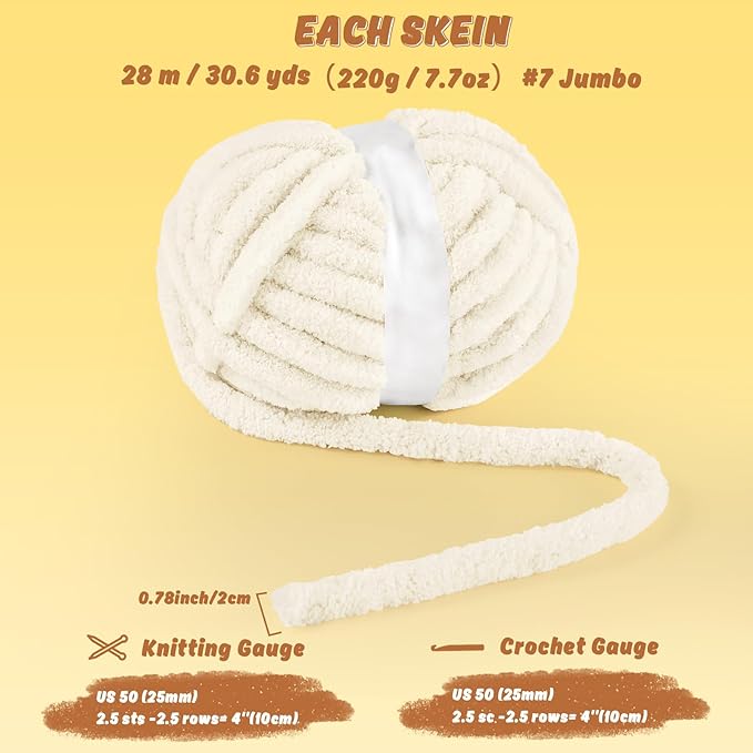 Inhand 8 Pack Chunky Chenille Yarn for Crocheting–30.6 Yards, 7.7oz, Soft Fluffy Thick Yarn,Gifts for Women/Grandma/Men Birthday Christmas Unique,Hand Knitting for Blankets&DIY Crafts (Cream White)