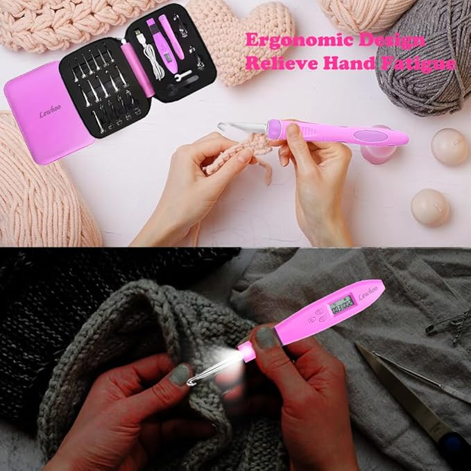 lewhoo 18 size counting light up crochet hook,digital crochet hooks with stitch counter,lighted metal crochet needle with case