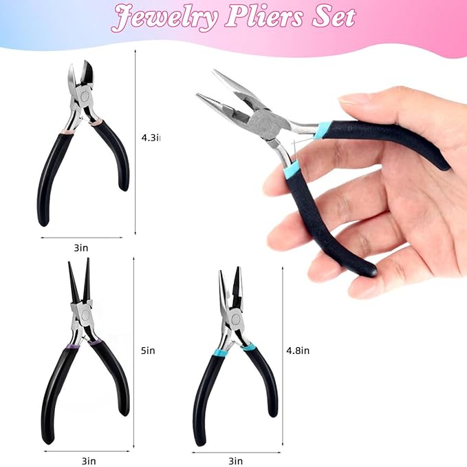 3Pcs Jewelry Pliers Set Jewelry Making Pliers Tools Kit Include Jewelry Making Needle Nose Chain Nose Round Bent Pliers Wire Cutter for Bracelet Beading Craft Jewelry Making Supplies (Black)