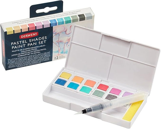 Derwent Pastel Shades Paint Set, Professional Quality Long Lasting Colors, Highly Pigmented Palette, Portable, Travel Set Includes 12 Paint Pans, Mini Waterbrush, Mixing Palettes, Sponge