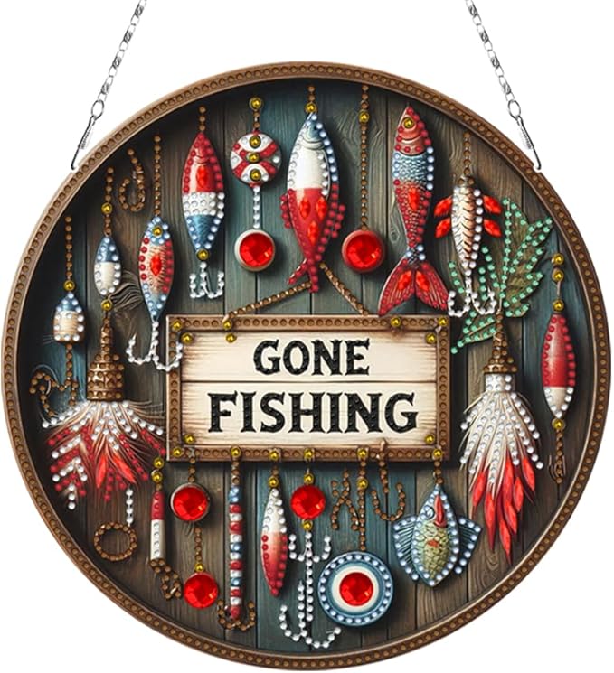 POETRYDRAW DIY Hanging Diamond Art Pendant Kit Outdoor Fishing, Special Crystal Diamonds Painting Ornament for Adults, 5D Diamond Art Suncatchers Double Sided Board Gem Painting Box Kit