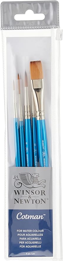 Winsor & Newton Cotman Short Handle Brushes, Set of 5, (Round 0, 2, & 6, Rigger 1, One Stroke 1/2")