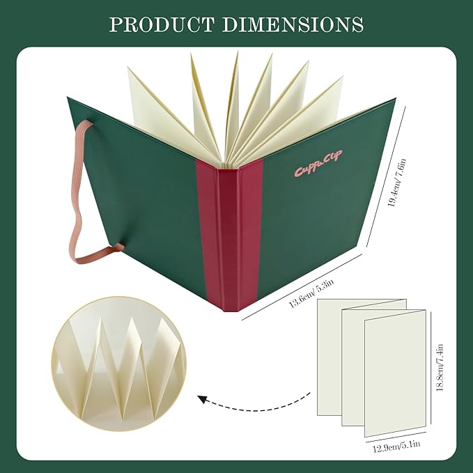 CuppaClip Accordion Watercolour Sketchbook 300GSM Cotton Paper Art Supplies Hardback Concertina Watercolor Travel Journal (Dark Green, 5.3x7.6in)