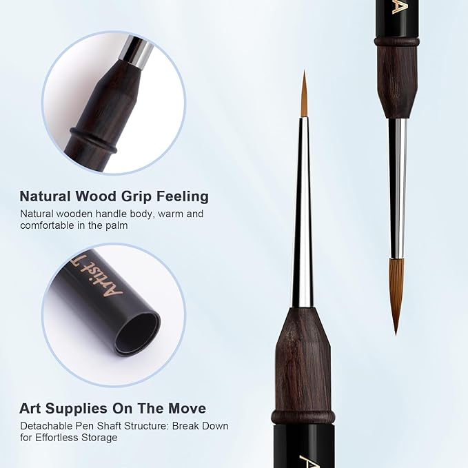 Fine Tip Round Kolinsky Sable Brushes for Watercolor, Acrylic, Gouache, Oil Painting & Crafts - Professional Travel Art Supplies Set