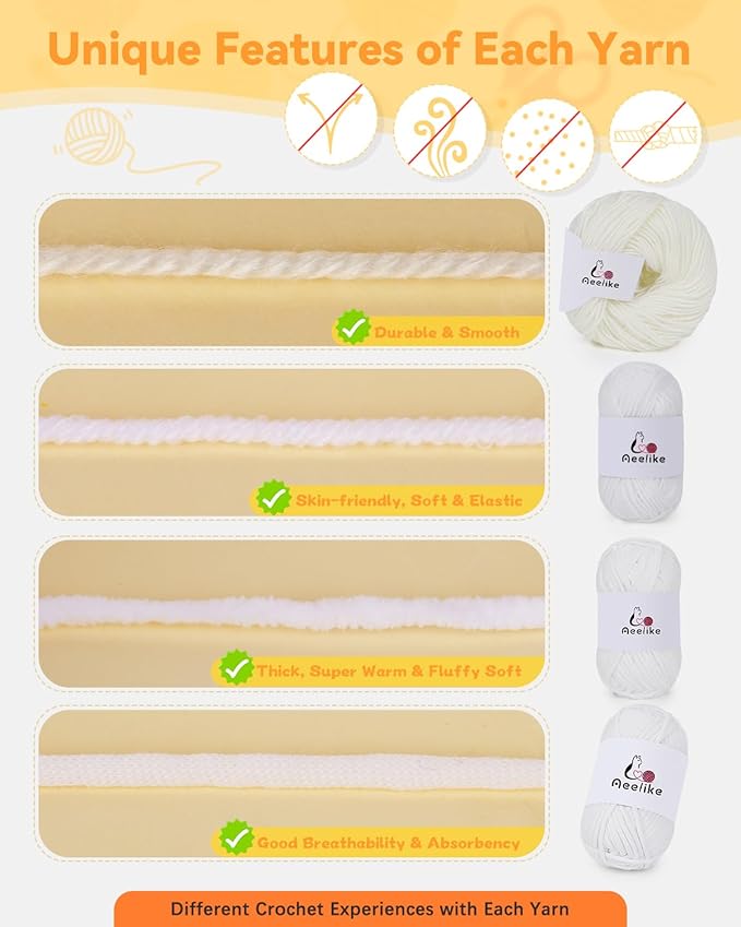 Aeelike Beginner Crochet Yarn Kit w 4 Different Materials White Yarns (Polyester, Cotton, Acrylic, Milk Cotton,) & 2 Ergonomic Hooks (G&7), Ideal Starter Crochet Set for Beginners
