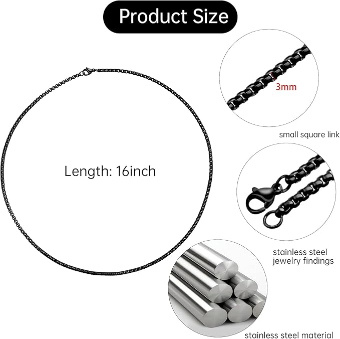 youbeiyee 10 pack black chain necklace for jewelry making stainless steel square rolo chains bulk men and women necklaces set (16inch)