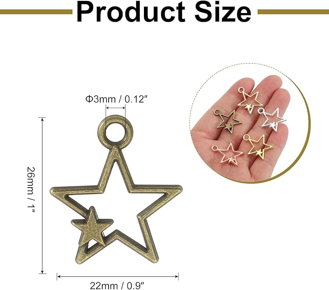 uxcell 100Pcs Alloy Open Bezel Pendants, Star Open Back Hollow Frame Pendant Geometric for Resin Jewelry Making Earrings Necklace Bracelet DIY, Ancient Bronze