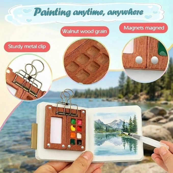 Mini Watercolor Paint Set, Travel Watercolor Set, Watercolor Kit, Pocket Artist Water Color Set with Paint, Brush, Storage Pouch, Sketchbook & Copper Clip for Beginners, Artists & Painting Enthusiasts