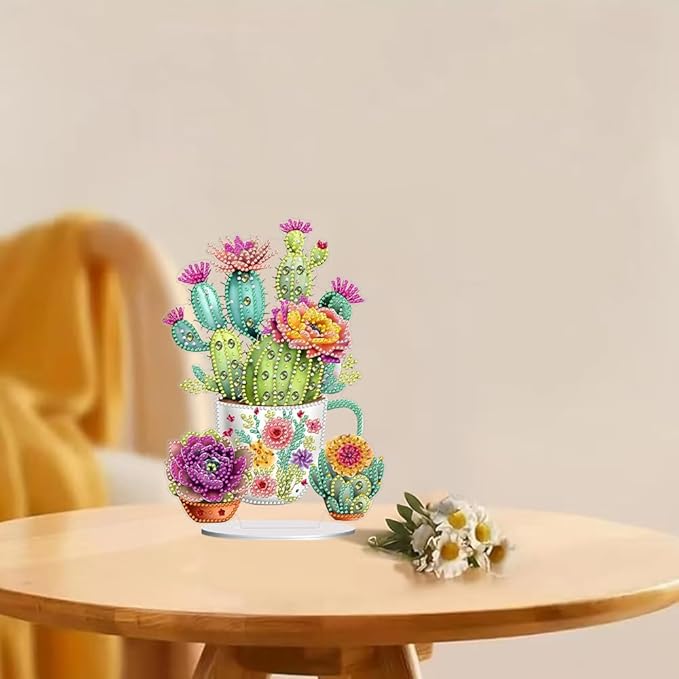 hyzsj DIY Diamond Desktop Ornament Cactus, Crystal Diamond Art Painting Tabletop Ornaments Single Sided, Diamond Ornament for Adult Beginner Home Office Decor Crafts Gift
