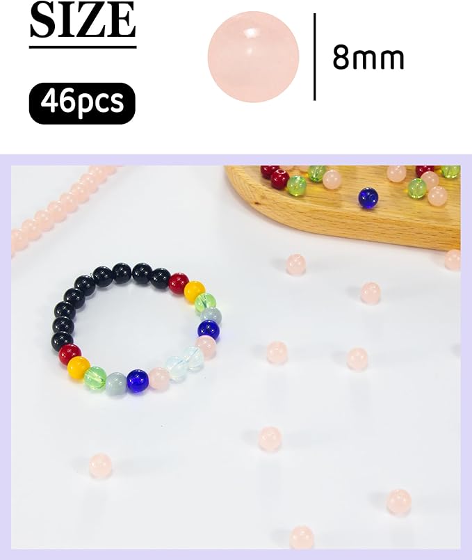 8mm Glass Beads 46PCS Glass Beads for Jewelry Making Charm Round Loose Bead for Bracelet Making Kit (Pink Glass)