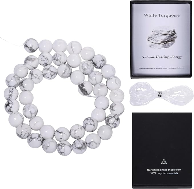 Song Xi 60pcs 6mm Natural White Turquoise Stone Beads for Jewelry Making, Gemstones Beads Bracelet for Necklace Earring Keychain, with Jewelry Box and Elastic for Christmas Wedding Birthday Gift